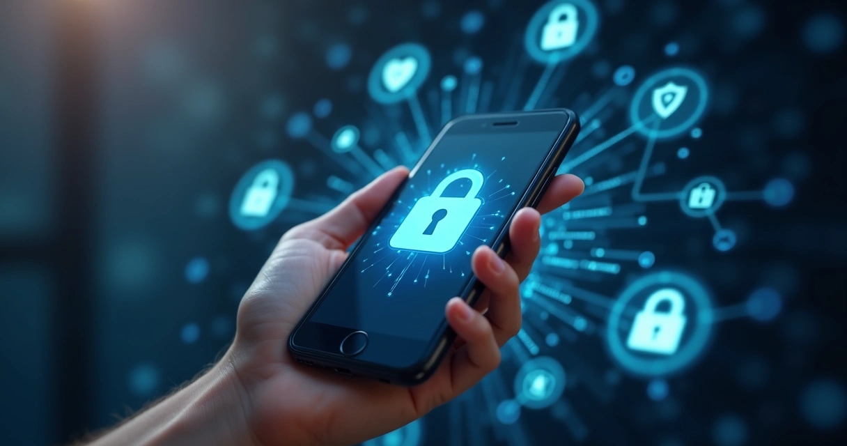 Celular moderno com tela bloqueada mostrando ícones de segurança digital ao redor, como cadeado e escudo 
