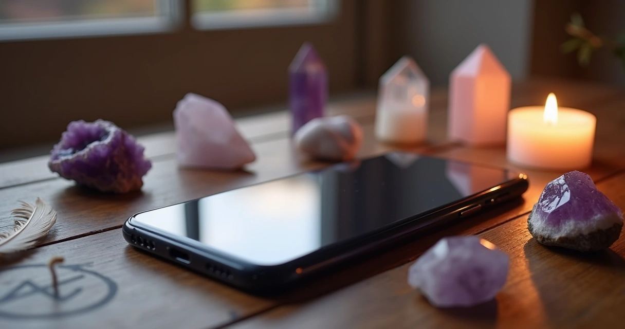 Celular sobre mesa com cristais ao redor 