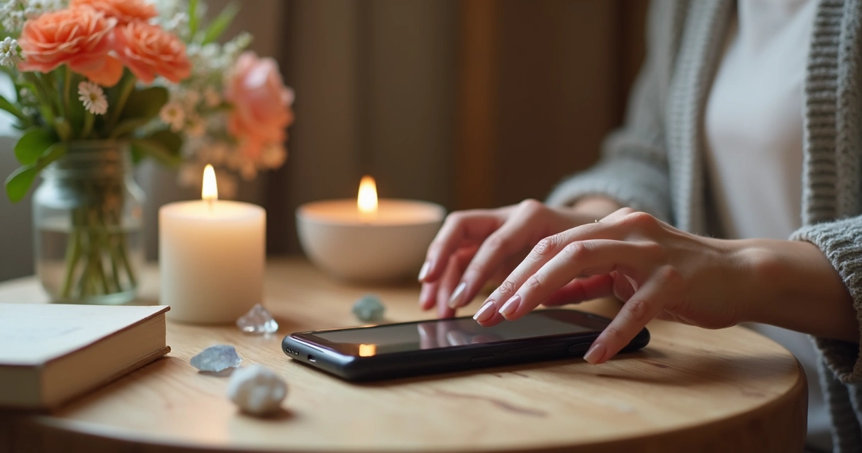 Mãos femininas sobre celular e cristais em mesa decorada com luz suave 