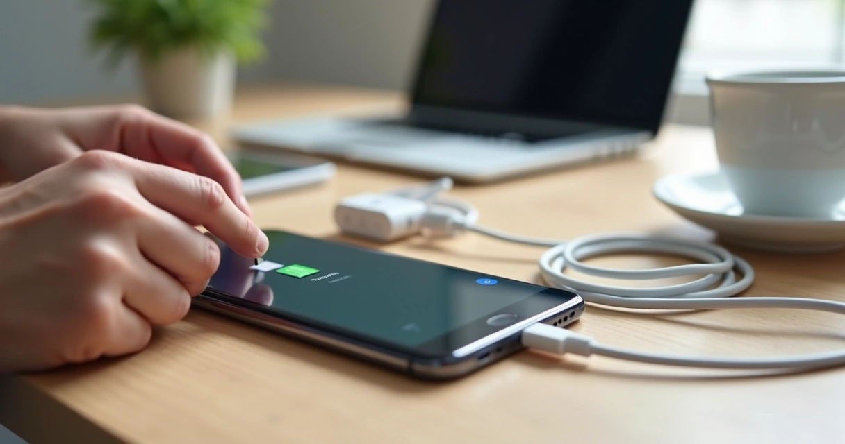 Pessoa testando cabo e celular Samsung que não carrega sobre mesa de madeira clara 