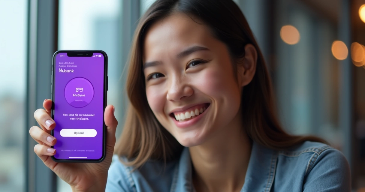Pessoa segura celular tela Nubank e sorri satisfeita 