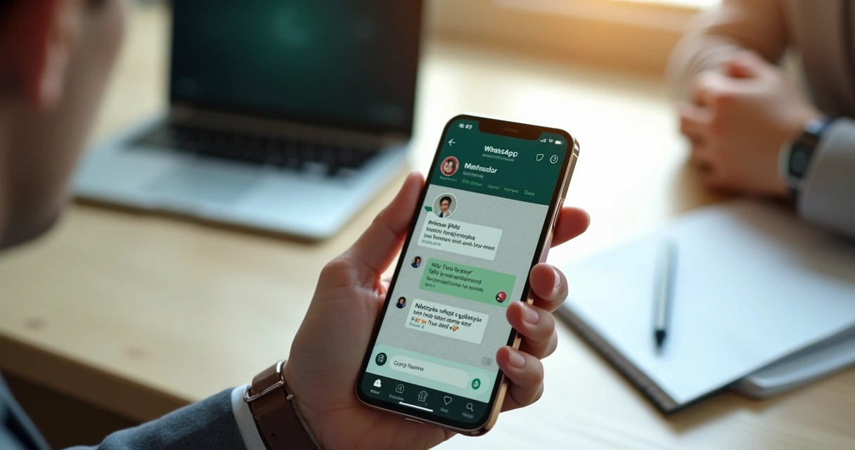 Mão segurando celular com tela do WhatsApp aberta mostrando conversa com cliente 