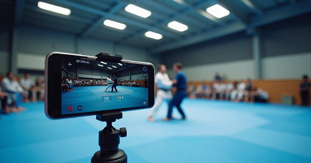 Treinador gravando luta de jiu-jitsu com celular próximo ao tatame 