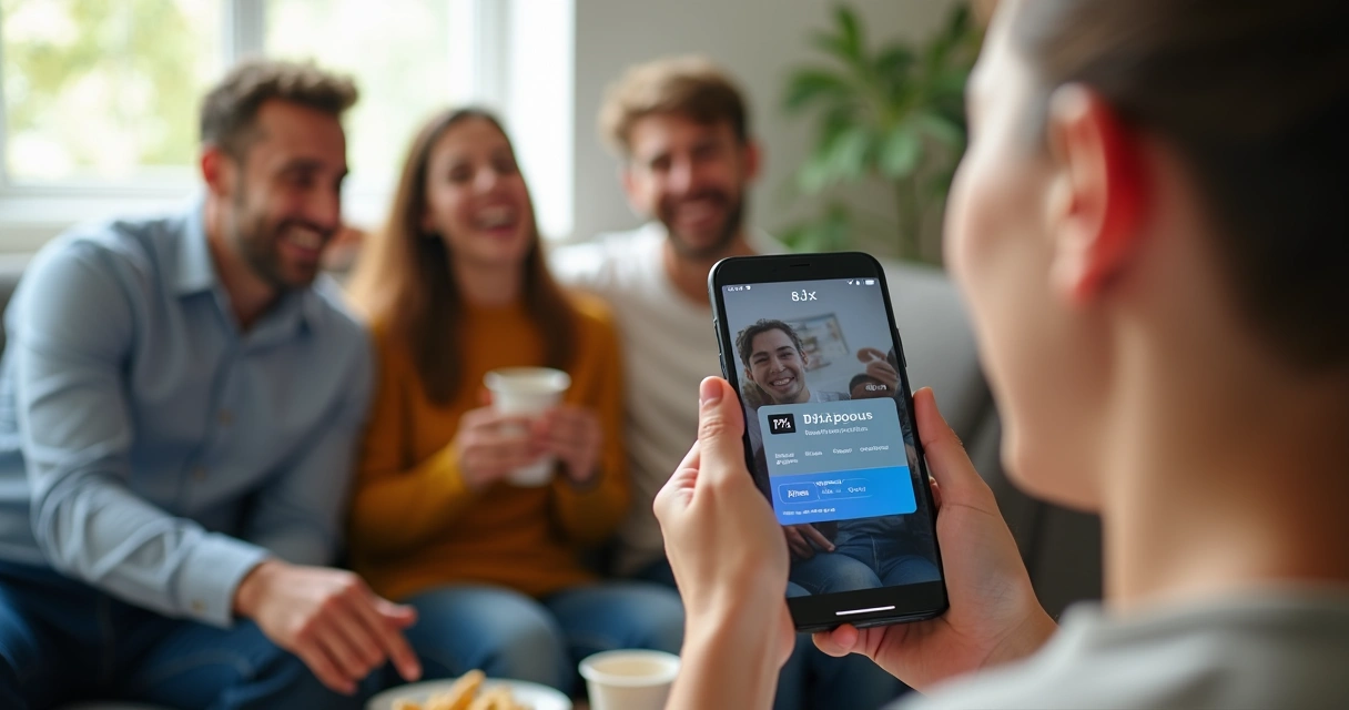 Celular exibindo aplicativo de pagamento Pix em uma mão, com amigos e risadas ao fundo 