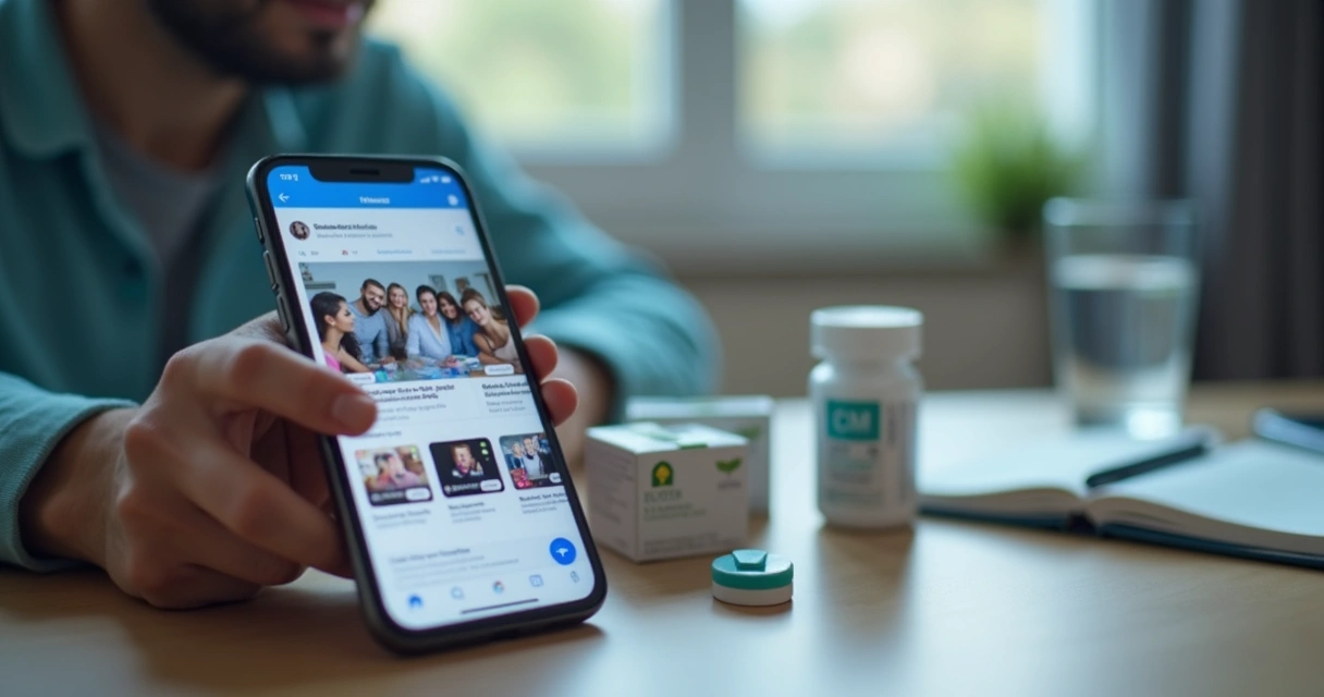 Celular com vídeos curtos de saúde e frascos de remédios ao lado 