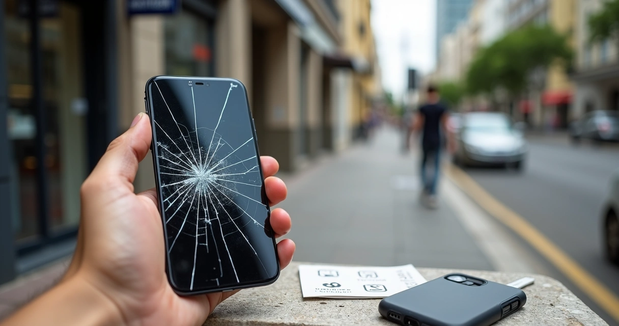 Mão segurando celular com tela muito trincada em uma calçada de cidade 
