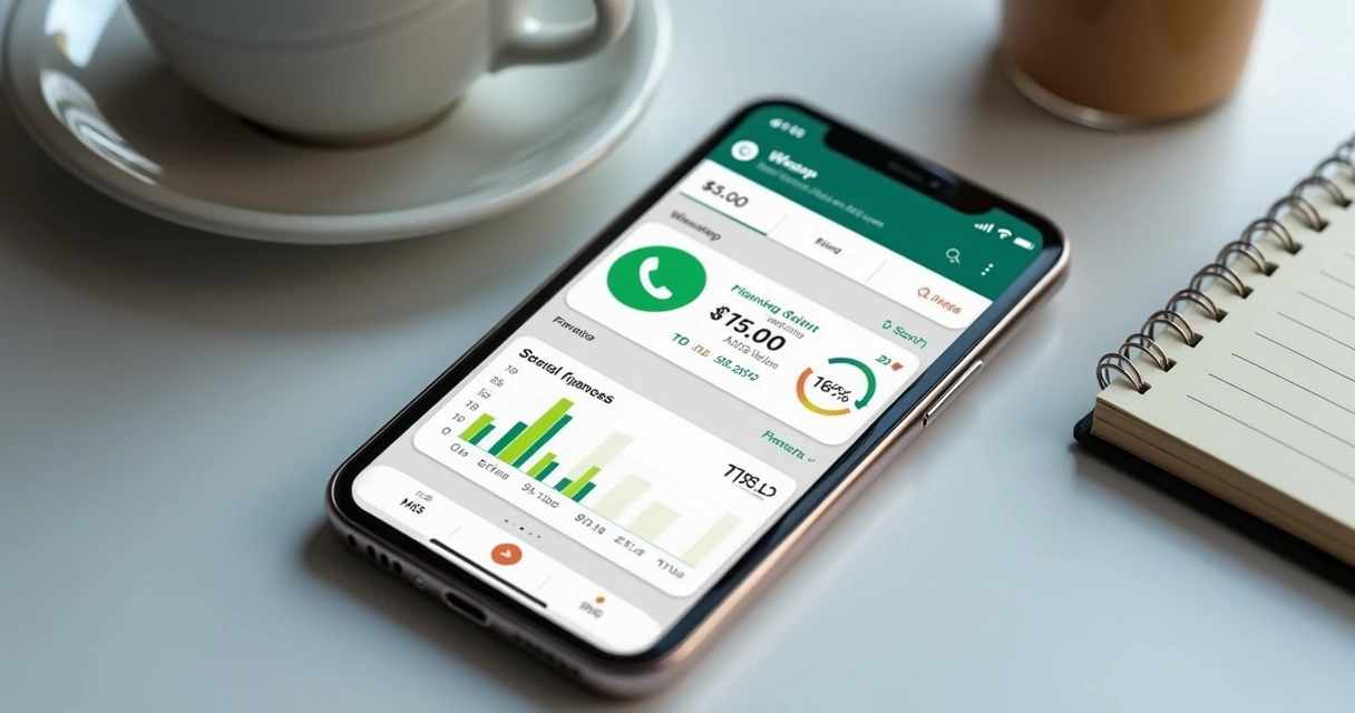 Celular mostrando assistente financeiro no WhatsApp e relatório de gastos 