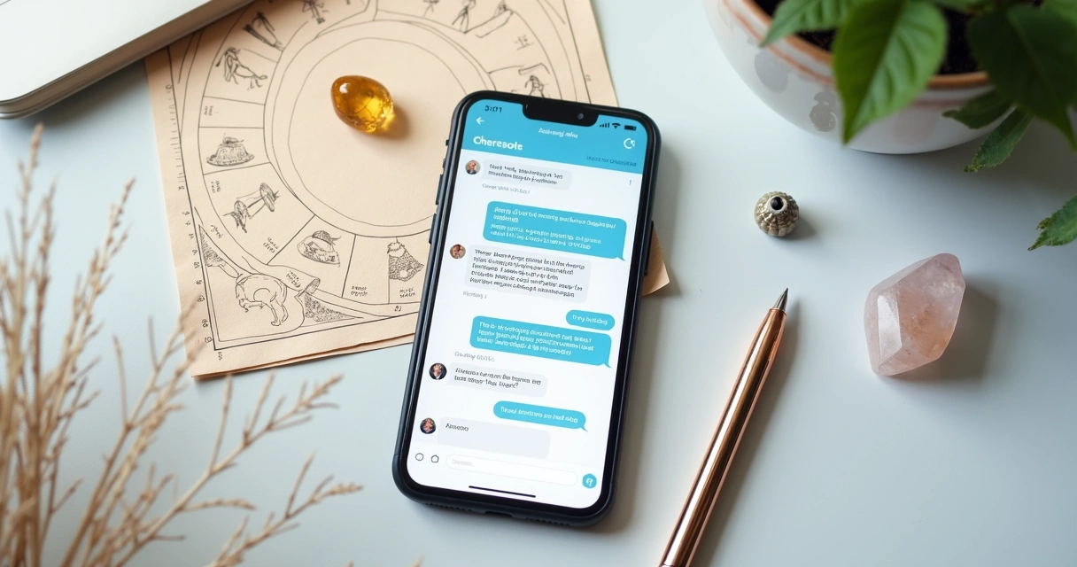 Celular com conversa de astrologia ao lado de mapa astral 