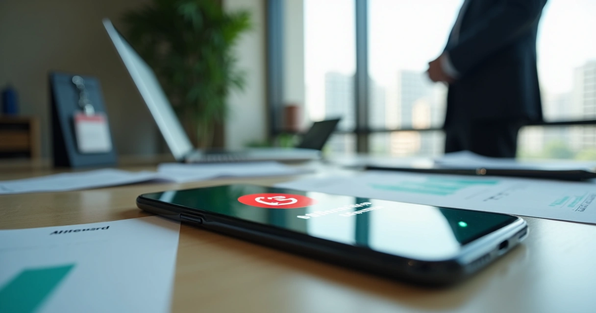 Smartphone com tela do WhatsApp bloqueado sobre mesa de escritório com documentos empresariais 
