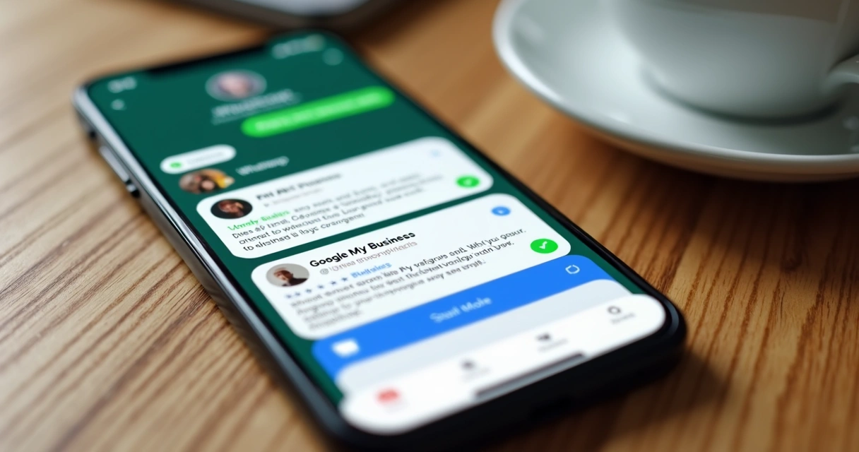 Tela de celular mostrando WhatsApp, Instagram e Google Meu Negócio