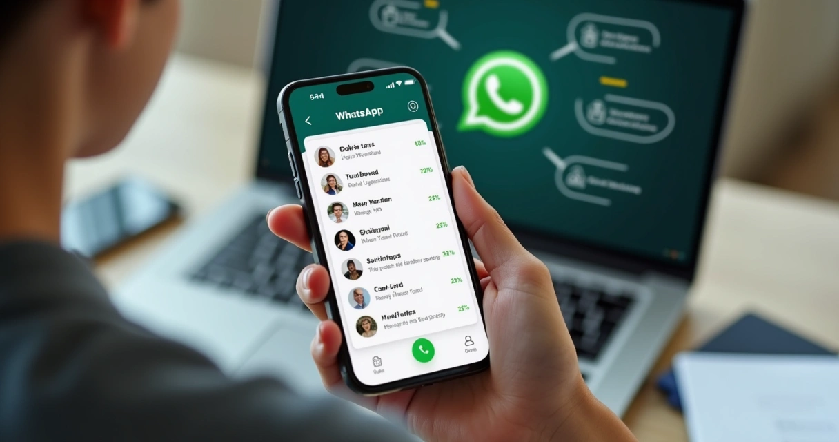 Pessoa segura um celular mostrando tela do WhatsApp com mensagens organizadas