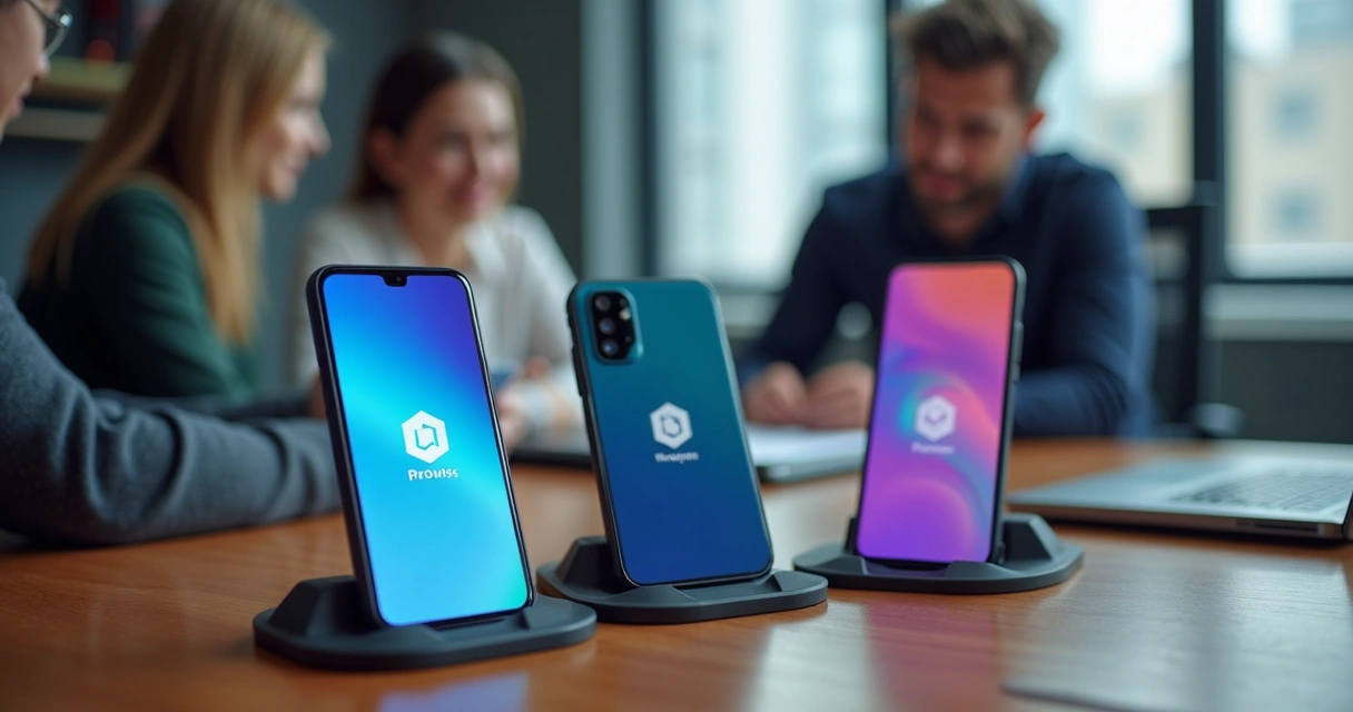 Celulares corporativos organizados sobre uma mesa de escritório 