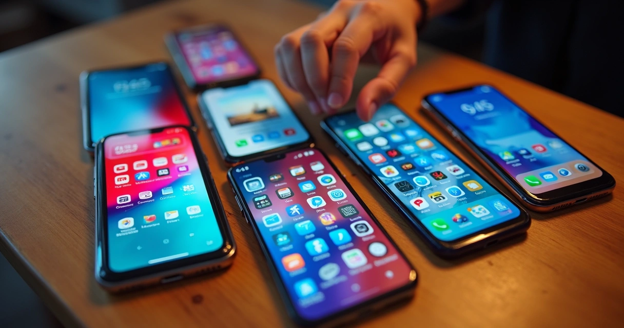 Vários celulares mostrando diferentes interfaces de aplicativos 