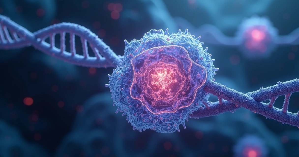 Representação artística de uma célula humana mostrando o DNA e estruturas microscópicas