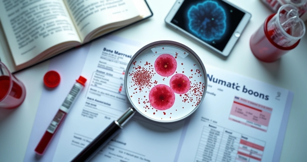 Células sanguíneas normais e leucêmicas contrastando em lupa de laboratório 