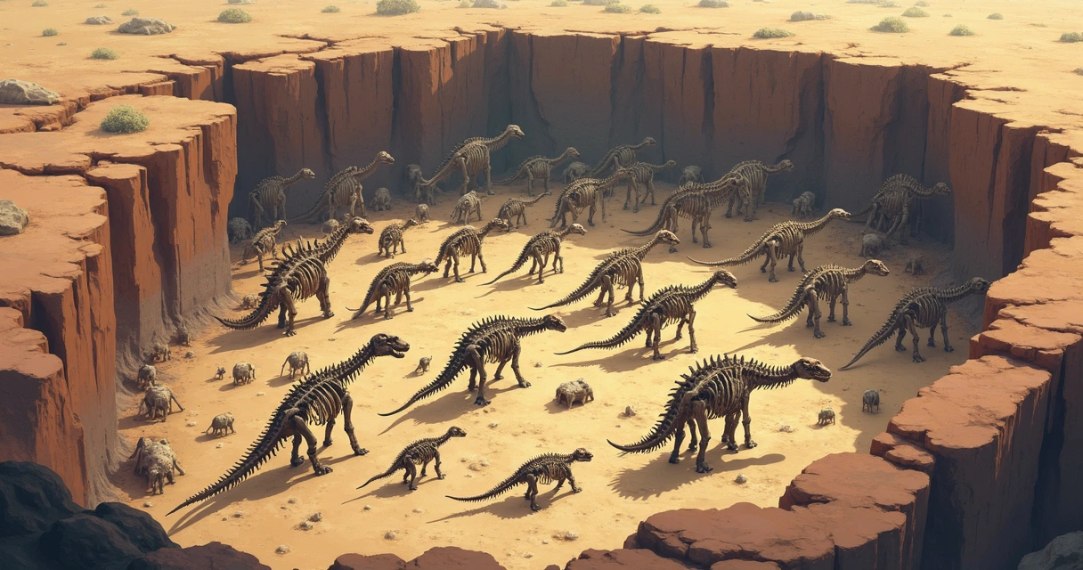 Grande cemitério de fósseis de dinossauros mostrando muitos esqueletos juntos 