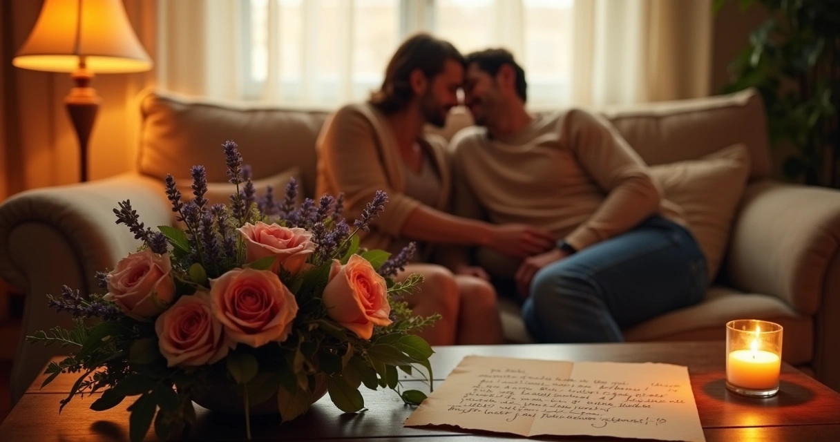 Casal em um sofá aconchegante com flores, uma vela acesa e uma carta de gratidão no centro da sala.