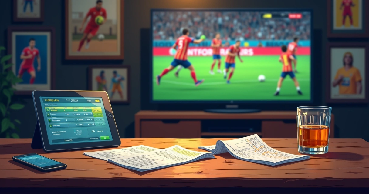 Cena de apostas esportivas em ambiente calmo com mesa de madeira, tablet mostrando estatísticas e jogo em tela grande.