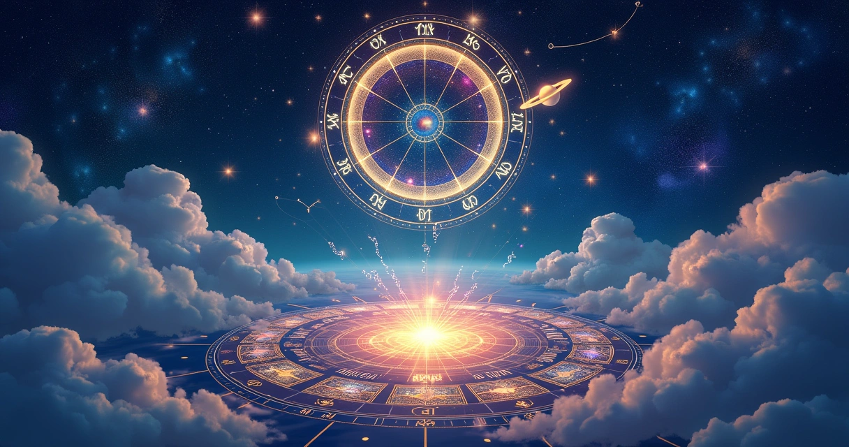 Um cenário astrológico com o céu estrelado, roda zodiacal e ícones planetários vibrantes.
