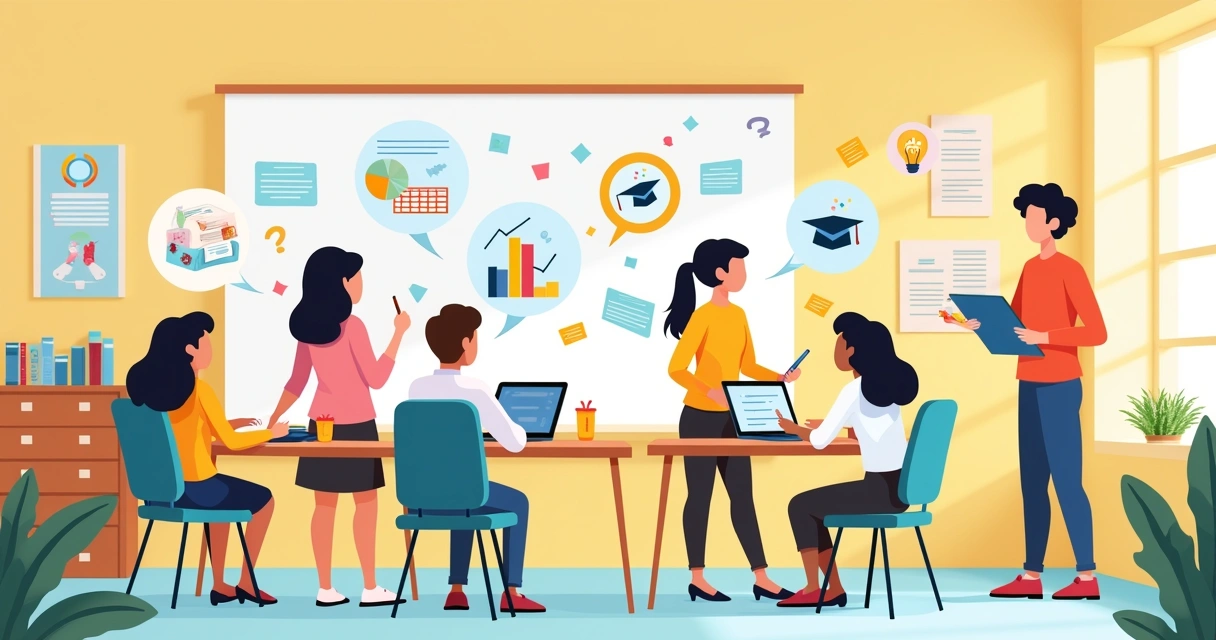 Ilustração de uma sala de aula vibrante com alunos envolvidos em diferentes avaliações ativas.