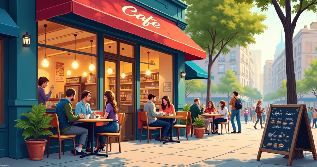 Ilustração de um café movimentado com clientes diversos, cardápio no quadro e ambiente acolhedor.