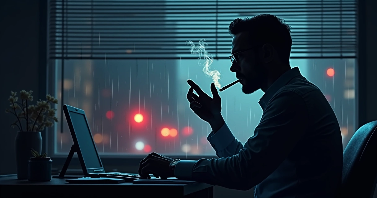 Cena de filme noir com luz e sombras, janela e fumaça