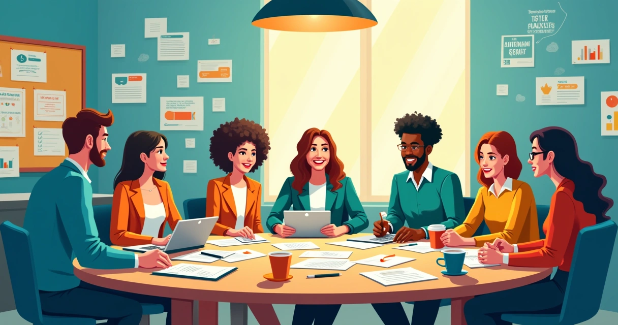 Ilustração de um escritório corporativo vibrante com equipe discutindo ideias em uma mesa redonda.