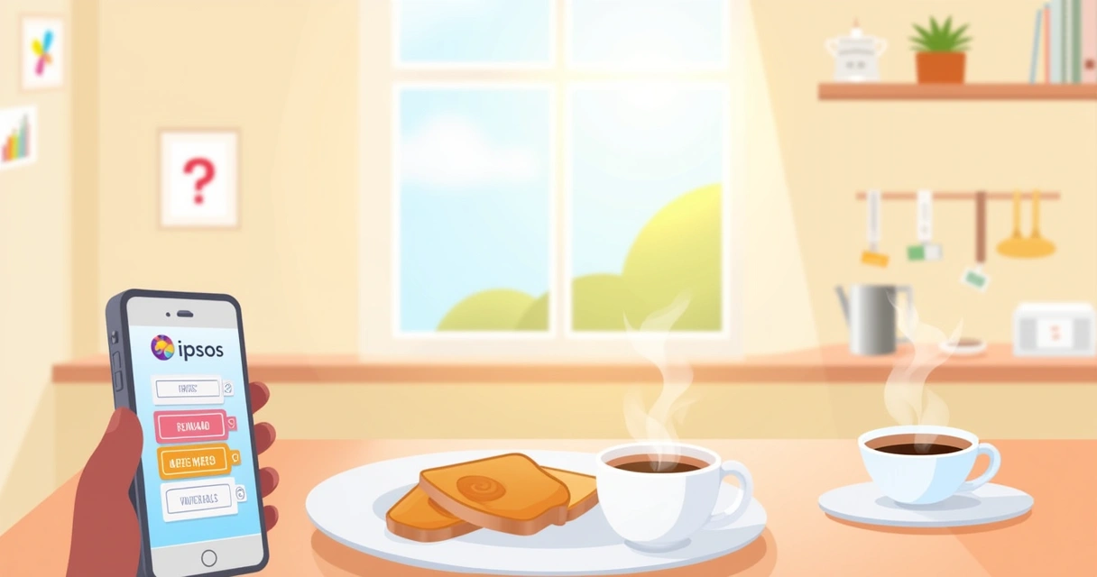 Ilustração de uma cozinha acolhedora com café da manhã e smartphone mostrando vale-presentes Ipsos Isay.