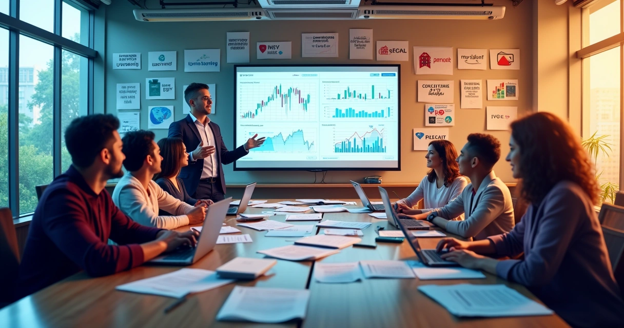 Estudantes participando de um curso interativo de investimentos em uma sala de aula moderna, com instrutor ao fundo.