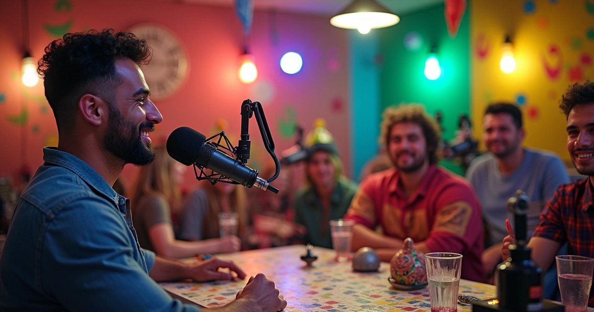 Estúdio de rádio durante o Carnaval com apresentador, ouvintes em fantasia e painel de playlist.