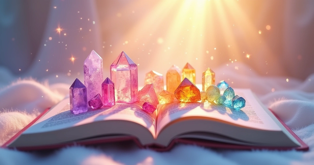 Cena de cristais coloridos com luz suave e um livro aberto ao lado, evocando tranquilidade e energia