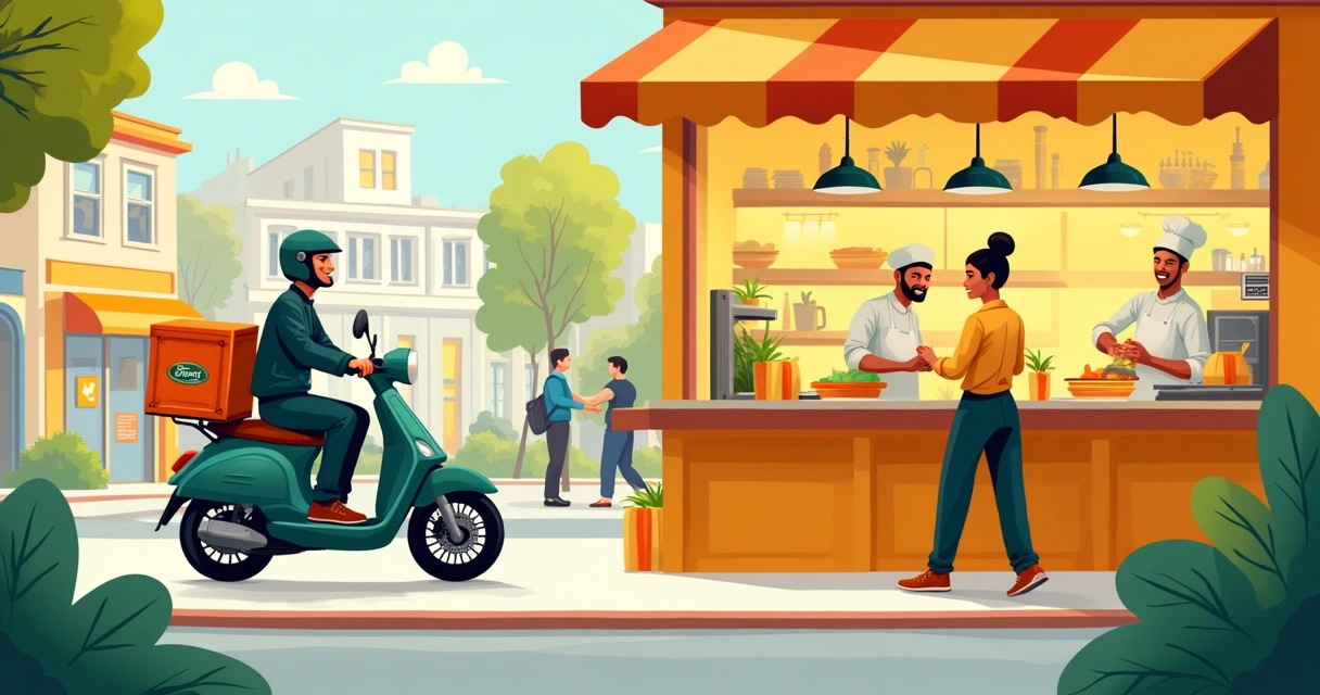 Cena vibrante de um motoboy entregando comida em uma cidade movimentada com uma cozinha organizada ao fundo.