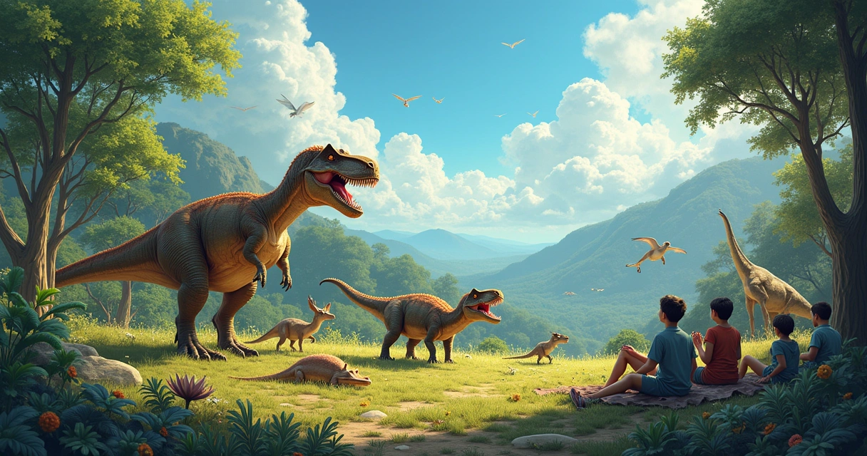 Uma cena vibrante com diversos dinossauros em um ambiente pré-histórico, crianças brincando e adultos assistindo a filmes.