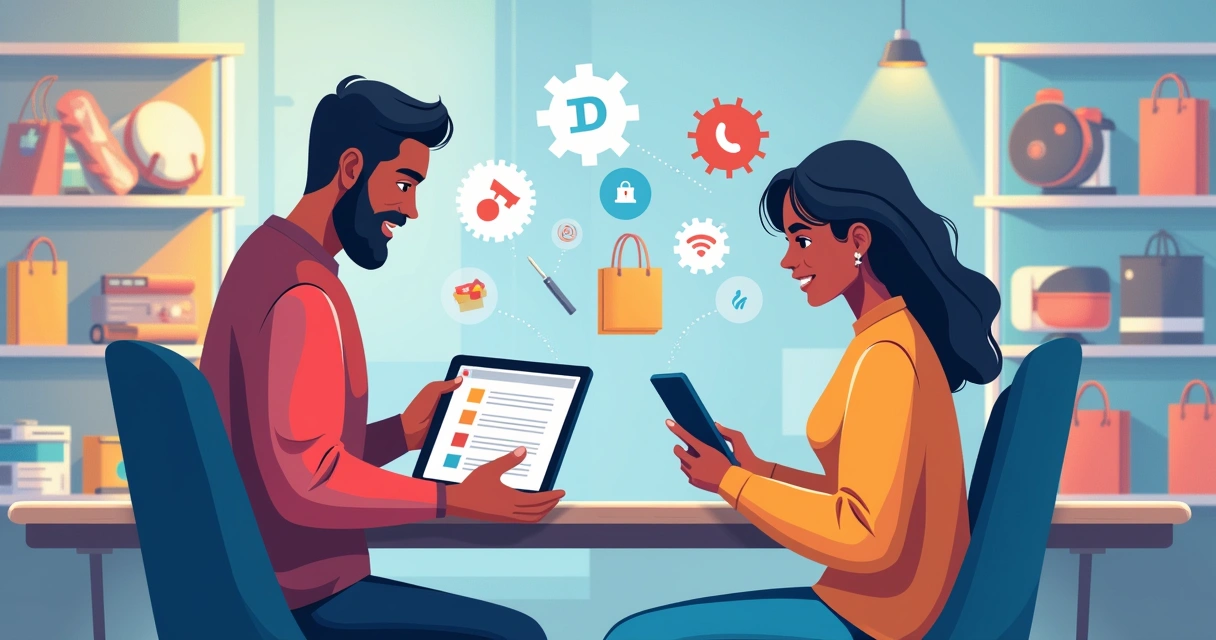 Marketplace scene illustrating e-commerce entrepreneurs using Dropify to manage sales and products.
