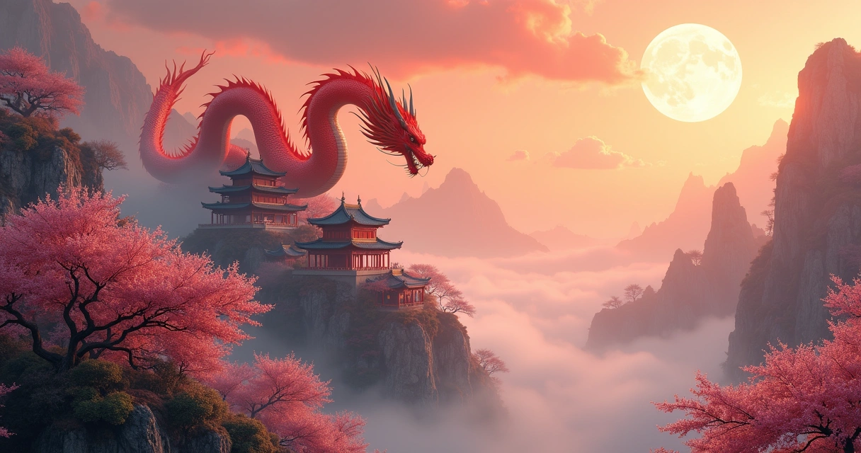 Cena de fantasia típica de donghua com dragão e templos chineses 