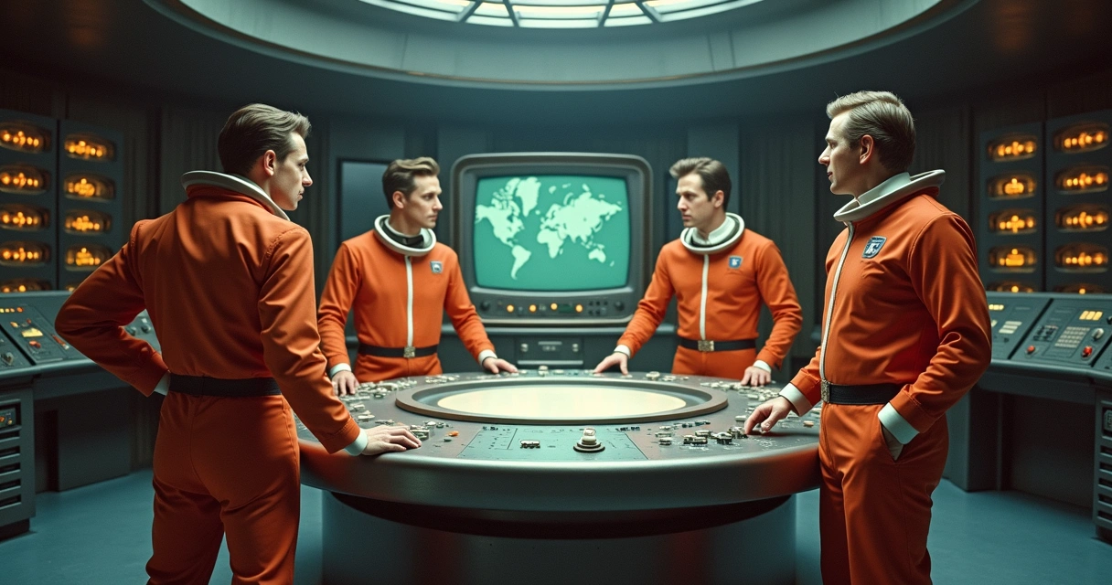 Cena de série de ficção científica dos anos 60, espaçonave e elenco principal 