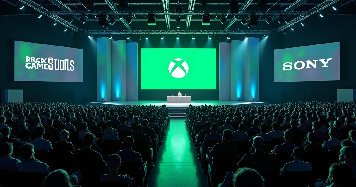 Painel grande com logo de empresas de games e pessoas assistindo a palestra 