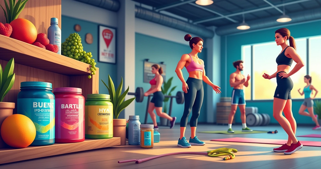 Vibrant gym scene showcasing various pre-workout supplements with people engaged in fitness activities.
