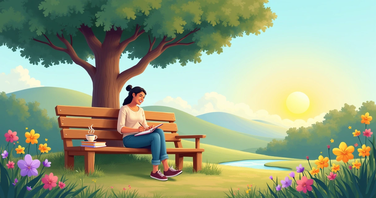 Ilustração de uma cena ao ar livre tranquila, com uma pessoa escrevendo em um diário sob uma árvore frondosa.