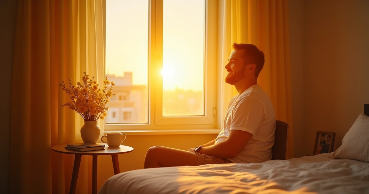 Homem sorridente olhando pela janela em um quarto iluminado pelo sol, com café e flores na mesa.