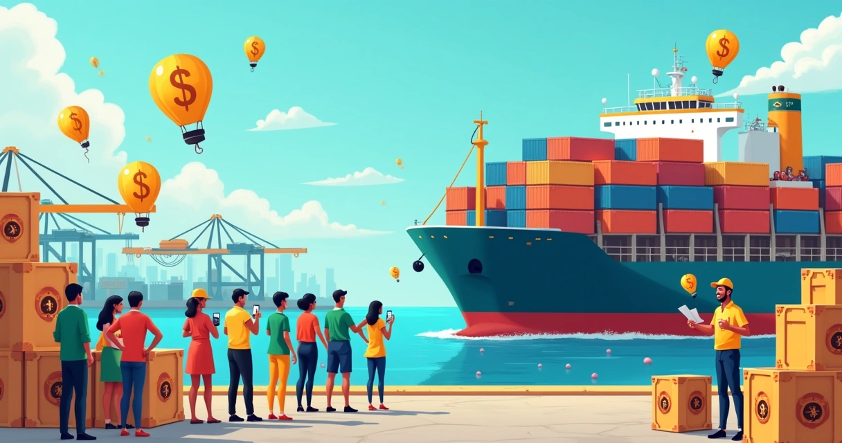Ilustração de um porto animado com importadores e exportadores interagindo, símbolos do dólar e produtos brasileiros.