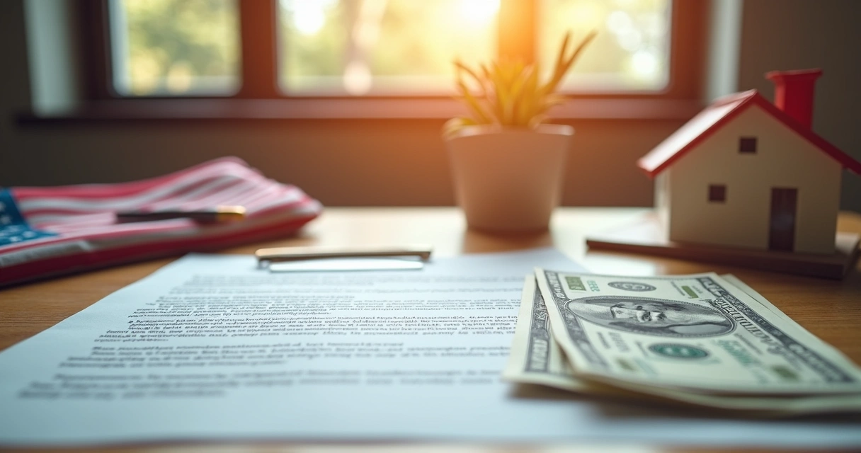 Mesa com dólar americano, contrato de aluguel e miniatura de casa sobre superfície de madeira 