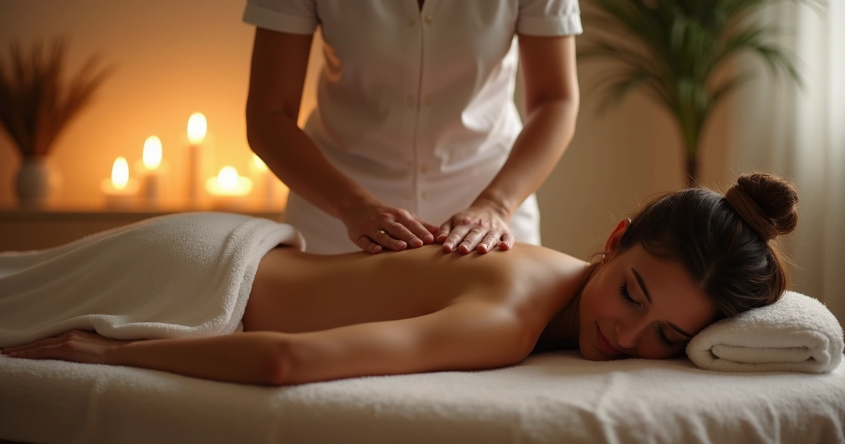 Terapeuta massageando as costas de uma mulher em clima de relaxamento 