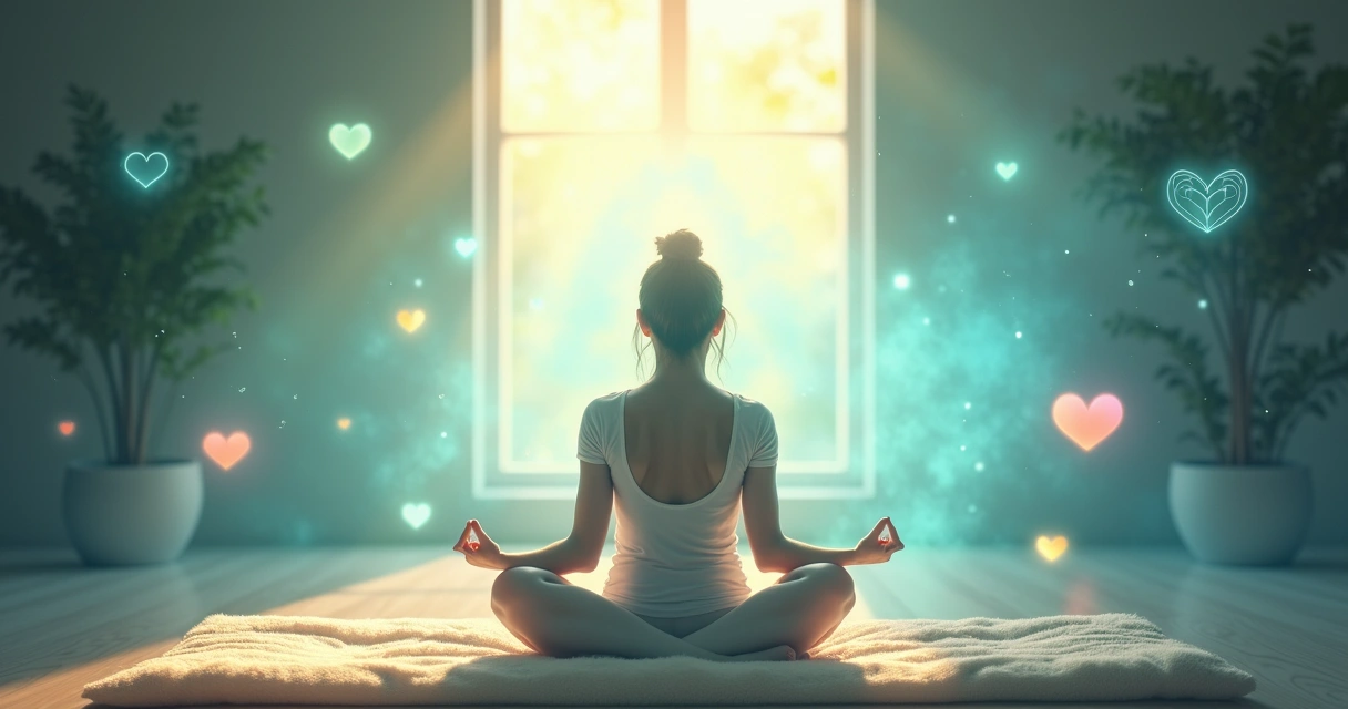 Cena de meditação tranquila com pessoa em posição de lótus, cercada por luz e símbolos de cura.