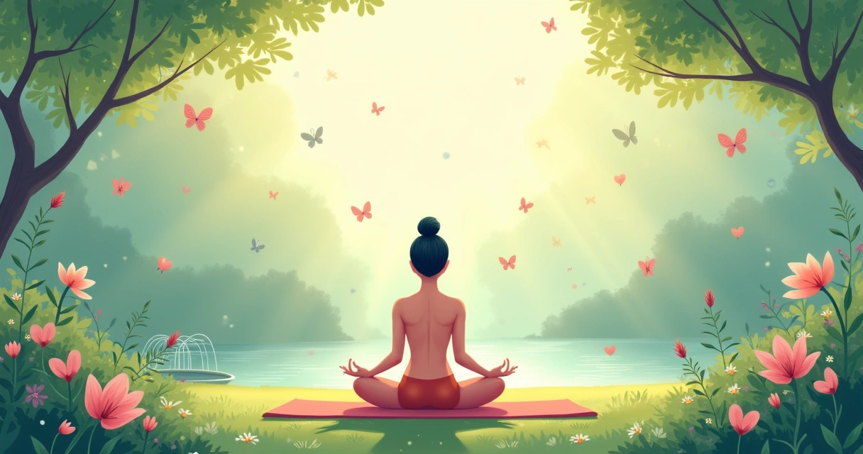 Um ambiente tranquilo de meditação em um jardim, com uma pessoa sentada em posição de lótus rodeada pela natureza.