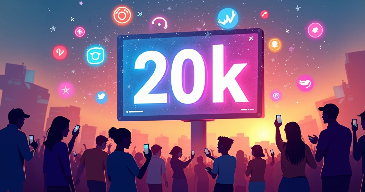 Representação artística de uma cena de mídia social vibrante com 20k e ícones flutuantes.