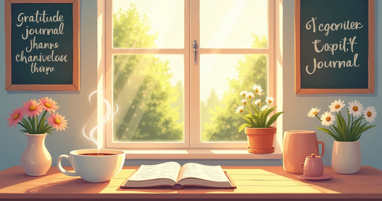 Cozy kitchen with a journal, coffee, flowers, and sunlight. A serene atmosphere promoting gratitude.