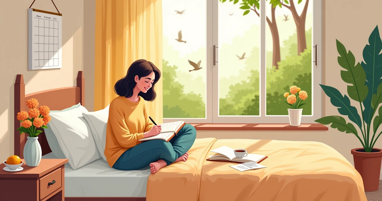 Cena tranquila de uma pessoa escrevendo em um diário em um quarto iluminado com flores e natureza ao fundo.