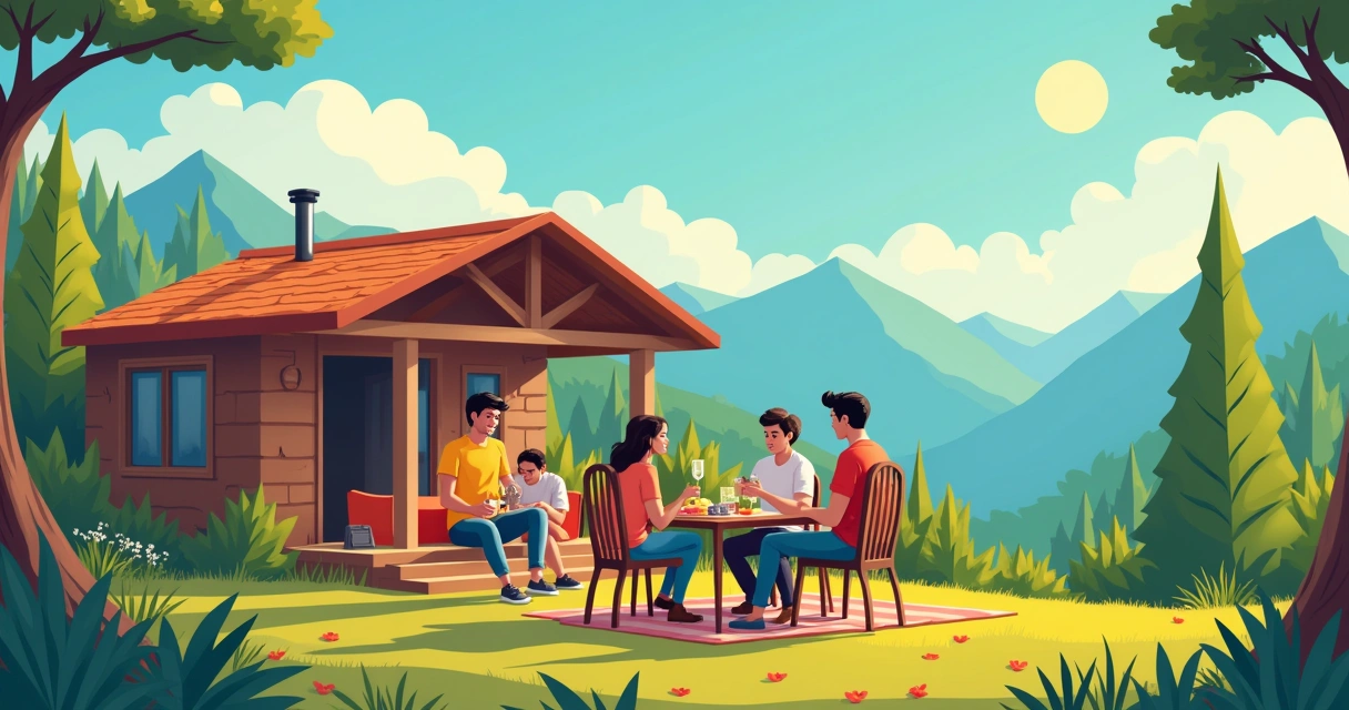 Amigos felizes na cabana, aproveitando momentos juntos em uma imagem vibrante na montanha.