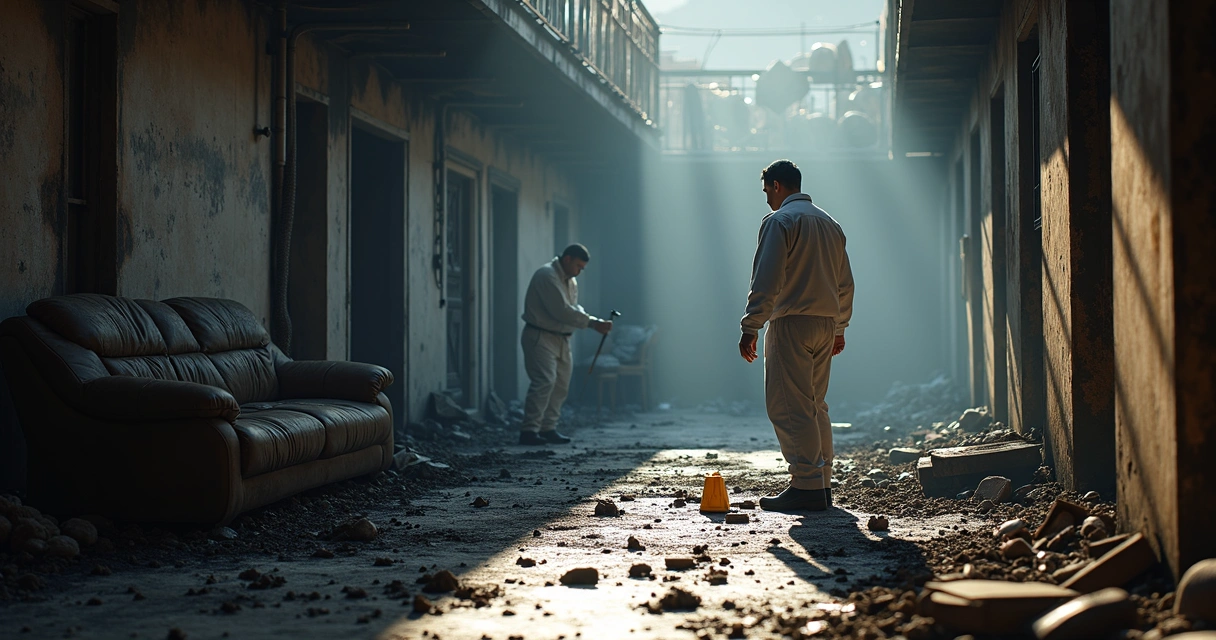 Perito forense analisando destroços de incêndio em edifício 